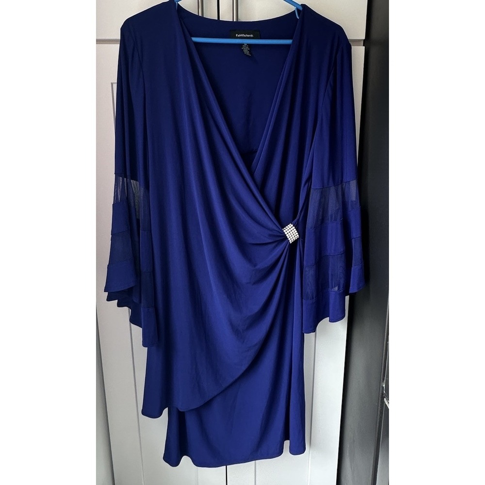 R&M Richards Dress Women 14 Royal Blue Faux Wrap Rhinestone Bell Sleeve 
0157
